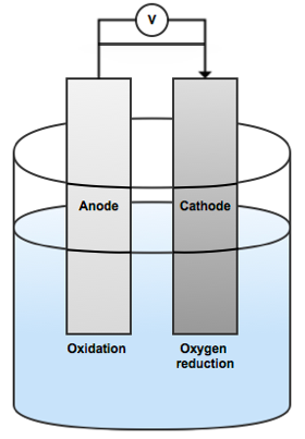 Схематичне зображення, що показує анод і катод в розчині електроліту