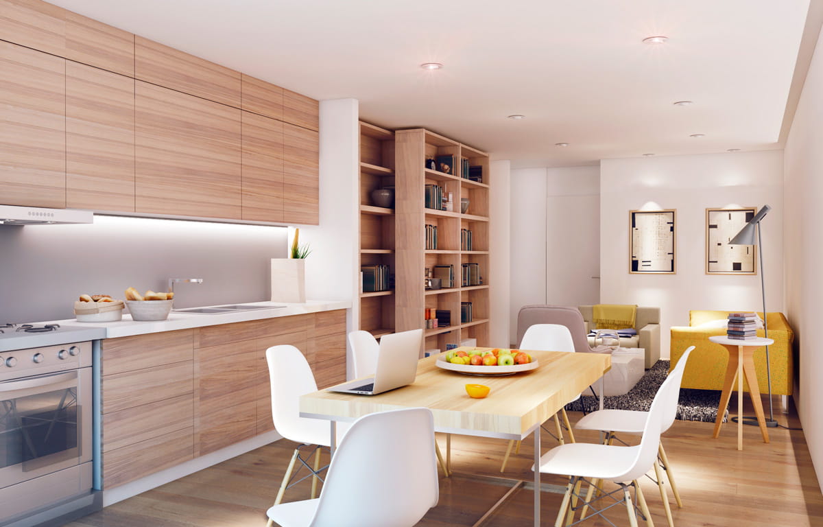 Об'єднавши кухню і вітальню в одне приміщення, ви досягнете максимально відкритого і зручного простору